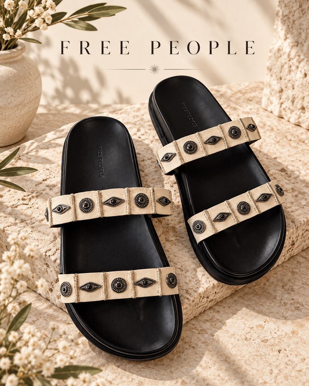 Free People Findings Footbed Sandals Bone Leather Size 6 NWT NWOB MSRP $148